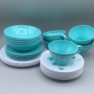 Turquoise Peacock Blue Melmac Plates Saucers Bowls Cups